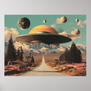 Affiche Paysage surréaliste avec route, OVNI et Saturne