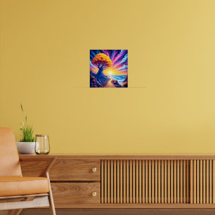 Affiche Paysage surréaliste de coucher de soleil avec arbr