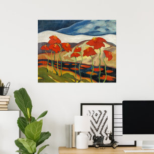 Affiche Paysage surréaliste moderniste aux coquelicots rou