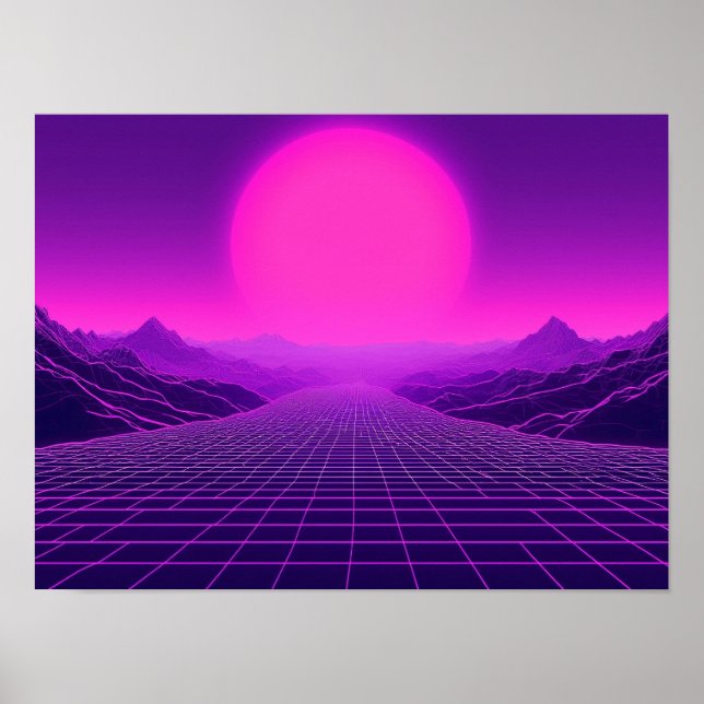 Affiche Paysage Synthwave Rétro Onde Cyberpunk Ambiance 80 (Devant)