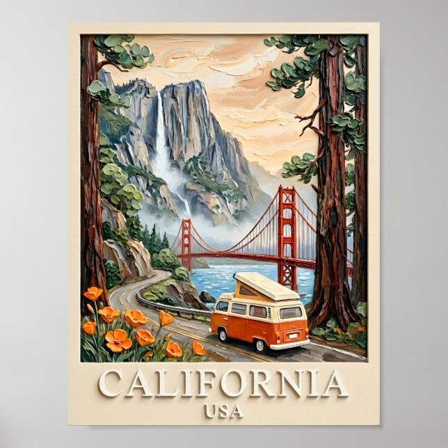 Affiche Paysage Texturé 3D Vintage de Road Trip en Califor (Devant)