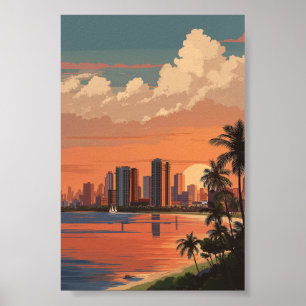 Affiche Paysage tropical du coucher de soleil - Palmiers e