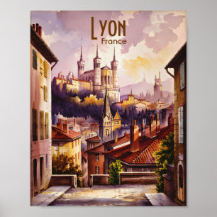 Affiche Paysage urbain à l'aquarelle vintage de Lyon Franc