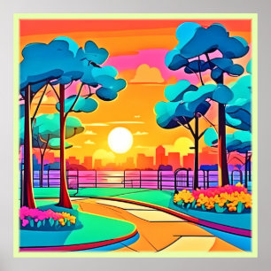 Affiche Paysage urbain animé du coucher de soleil
