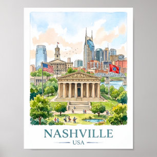 Affiche Paysage urbain aquarelle de Nashville Tennessee