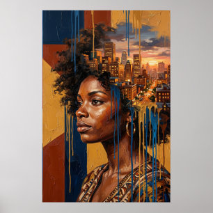 Affiche Paysage urbain au coucher du soleil Afrofuturisme 