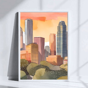 Affiche Paysage urbain au coucher du soleil Aquarelle de