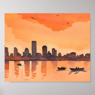 Affiche Paysage Urbain Coucher de Soleil   Aquarelle de la