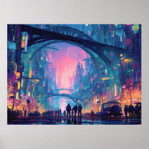 Affiche Paysage urbain cyberpunk futuriste avec des arches