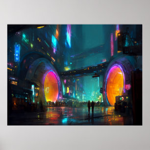 Affiche Paysage urbain cyberpunk vibrant avec des arches