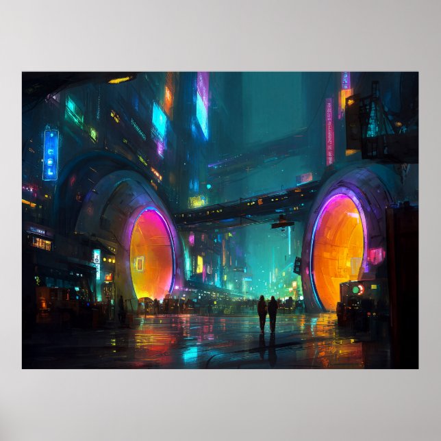 Affiche Paysage urbain cyberpunk vibrant avec des arches (Devant)