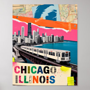 Affiche Paysage urbain de Chicago Train Collage Pop Art Re