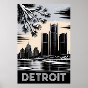 Affiche Paysage urbain de Détroit en noir et blanc gravure