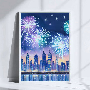 Affiche Paysage urbain de feux d'artifice Aquarelle numé