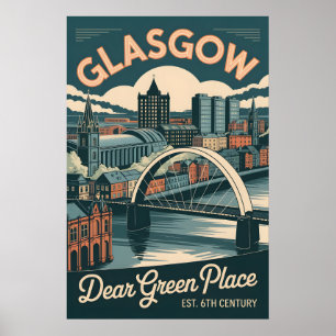 Affiche Paysage urbain de Glasgow Ecosse dans un style rét