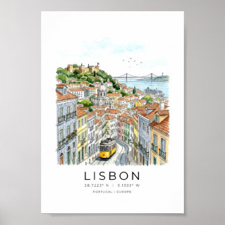 Affiche Paysage urbain de Lisbonne dans le style aquarelle