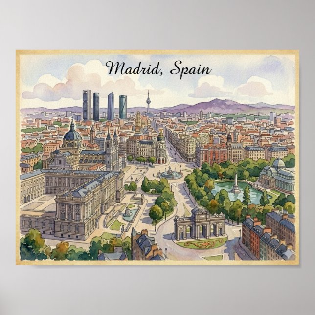 Affiche Paysage urbain de Madrid Espagne Peinture à l'aqua (Devant)