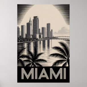 Affiche Paysage urbain de Miami Floride en noir et blanc e