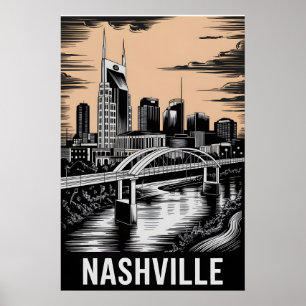 Affiche Paysage urbain de Nashville Tennessee en noir et b