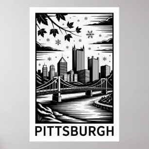 Affiche Paysage urbain de Pittsburgh noir et blanc, ville 