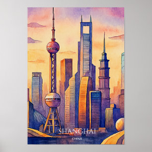 Affiche Paysage urbain de Shanghai Chine Voyage Aquarelle