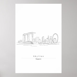 Affiche Paysage urbain de Singapour - Art linéaire minimal