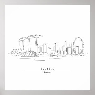 Affiche Paysage urbain de Singapour - Art linéaire minimal