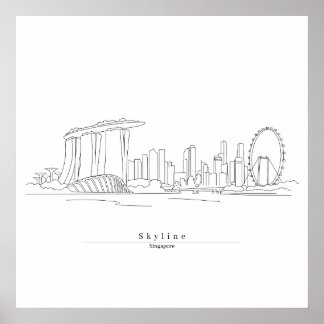 Affiche Paysage urbain de Singapour - Art linéaire minimal
