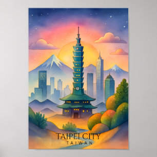 Affiche Paysage urbain de Taipei Taïwan aquarelle