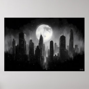 Affiche Paysage urbain de ville sous la lune avec pleine l