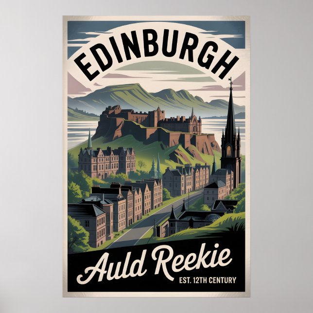 Affiche Paysage urbain de voyage de style rétro d'Édimbour (Devant)
