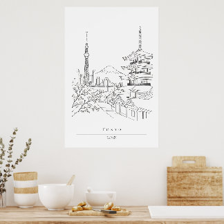 Affiche Paysage urbain du Japon & Pagode Art de ligne mini