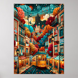 Affiche Paysage urbain du tramway jaune psychédélique de L
