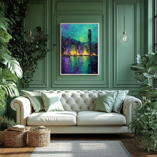 Affiche Paysage urbain expressionniste de Hong Kong, port