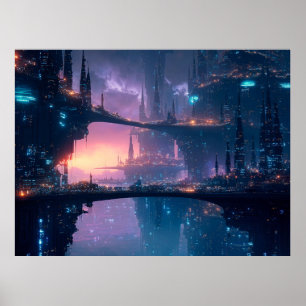 Affiche Paysage urbain futuriste au crépuscule
