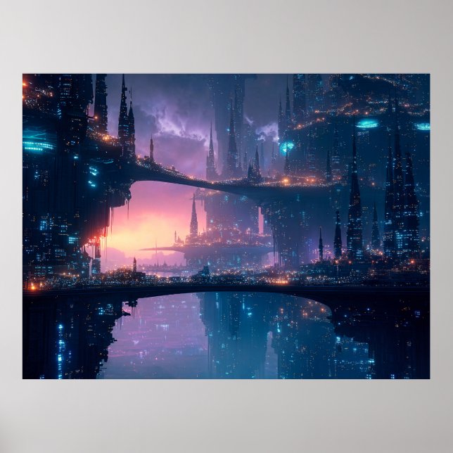 Affiche Paysage urbain futuriste au crépuscule (Devant)