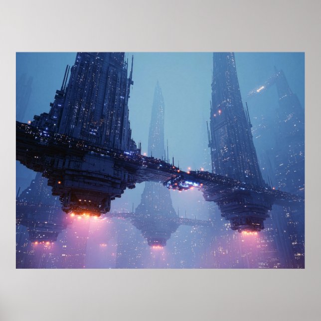 Affiche Paysage urbain futuriste avec des structures flott (Devant)