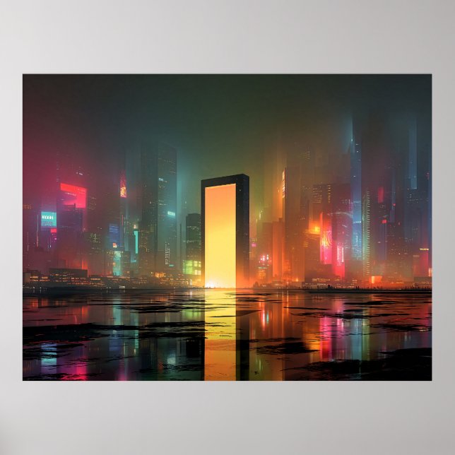 Affiche Paysage urbain futuriste avec reflets néon (Devant)