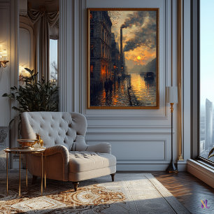 Affiche Paysage urbain industriel au coucher du soleil de