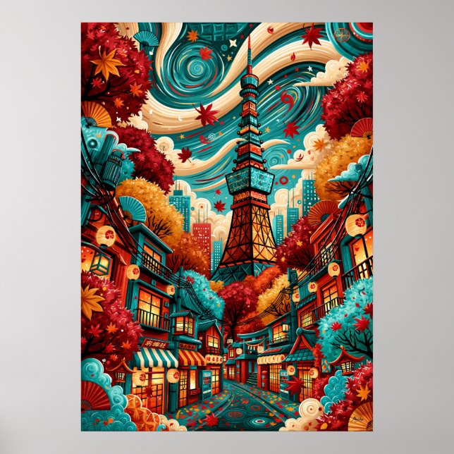 Affiche Paysage urbain psychédélique de Tokyo Tower (Devant)
