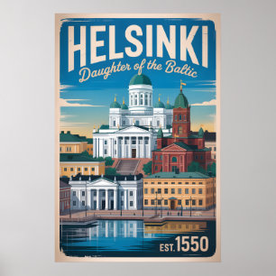 Affiche Paysage urbain rétro de Helsinki en Finlande pour
