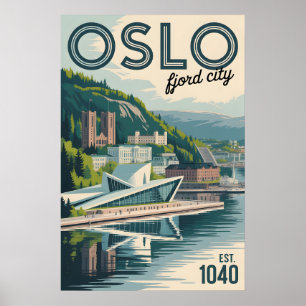 Affiche Paysage urbain rétro de la ville d'Oslo Norvège Vo