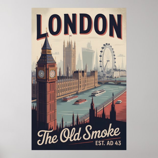 Affiche Paysage urbain Rétro de Londres Angleterre Voyage  (Devant)