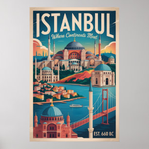 Affiche Paysage urbain rétro d'Istanbul Turquie Voyage