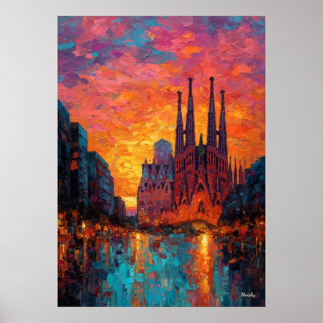 Affiche Paysage urbain vibrant d'une Barcelone expressionn (Devant)