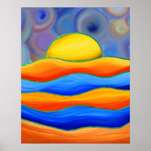 AFFICHE PAYSAGE VAGUE COLORÉ SOLEIL RÉTRO