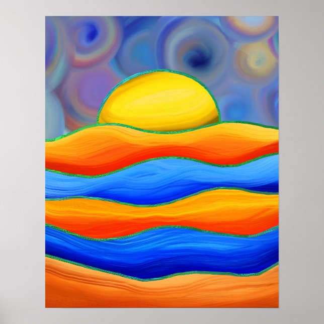 AFFICHE PAYSAGE VAGUE COLORÉ SOLEIL RÉTRO (Devant)