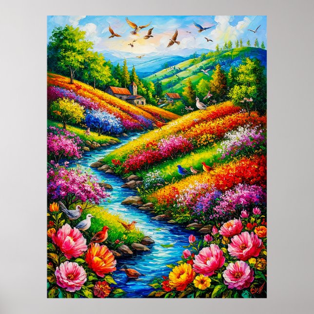 Affiche Paysage vibrant avec des fleurs épanouies (Devant)