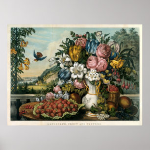 Affiche Paysage vintage Currier & Ives avec fruits et fleu