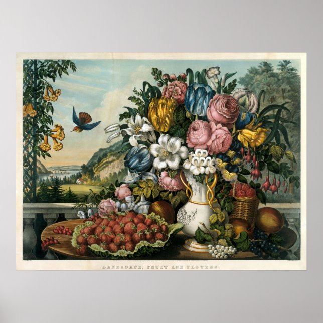 Affiche Paysage vintage Currier & Ives avec fruits et fleu (Devant)
